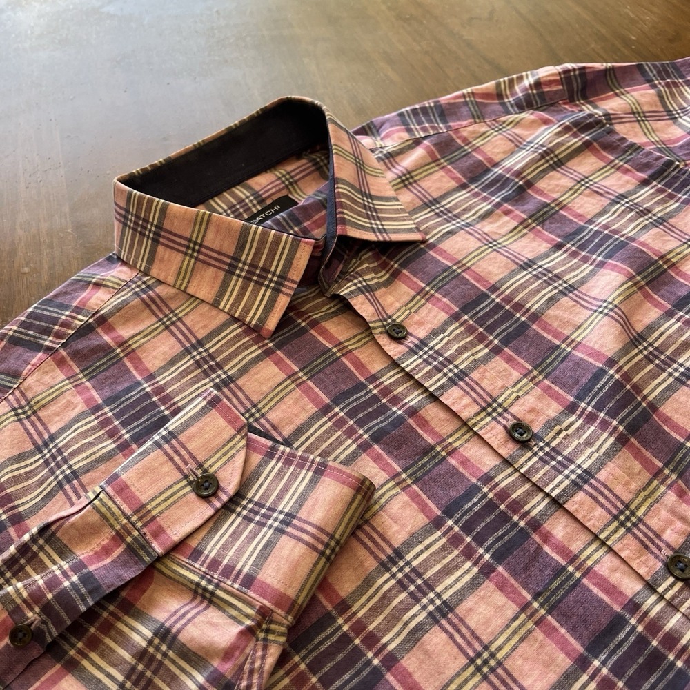 Bugatchi Mens XL Button Up Shirt Classic Fit Plaid Pink Print Long Sleeve Cotton